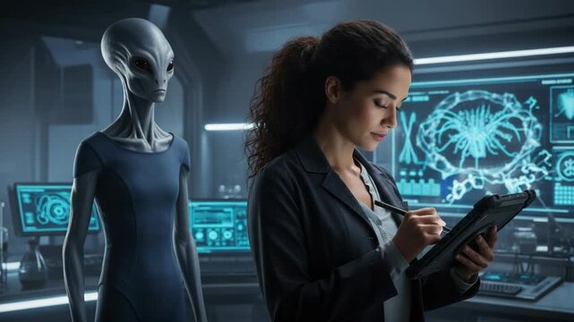Female scientist working on digital tablet in futuristic laboratory. Grey alien observing research data on glowing screens. Extraterrestrial technology and discovery concept