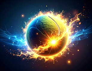 Obraz premium Dynamic Tennis Ball Ablaze with Fiery Energy and Electric Streaks Illuminating the Cosmic Dark