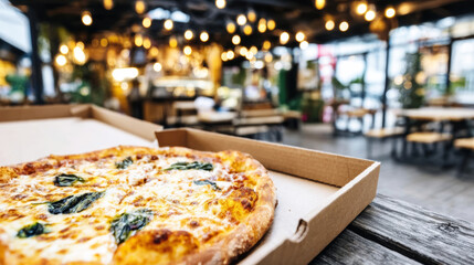 Margherita pizza topped with fresh basil and mozzarella in a cardboard box, warm tones, inviting atmosphere, perfect for culinary delights