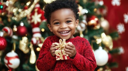 Smiling young African boy holding a small gift in front of a decorated Christmas tree.