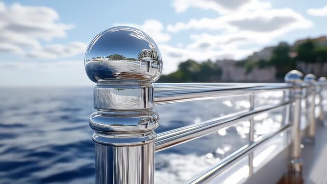 Polished metal railing on a boat, reflecting the sky, ocean and distant scenery