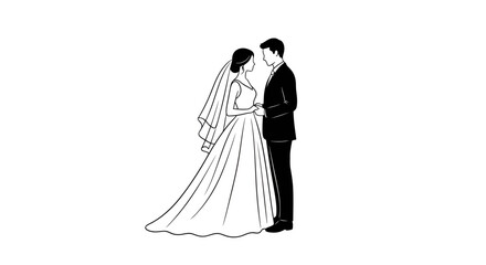 Elegant monochrome illustration of a bride and groom embracing on their wedding day