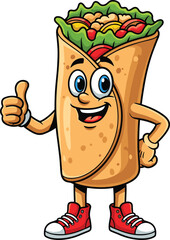 Happy cartoon burrito wrap character giving thumbs up, funny fast food mascot with vegetables and tortilla, vector illustration design