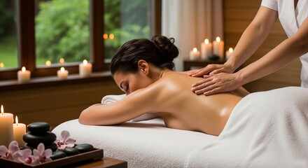 Professional masseuse providing a soothing and therapeutic back massage to a relaxed female client lying on a table in a luxurious, candlelit spa for wellness and rejuvenation