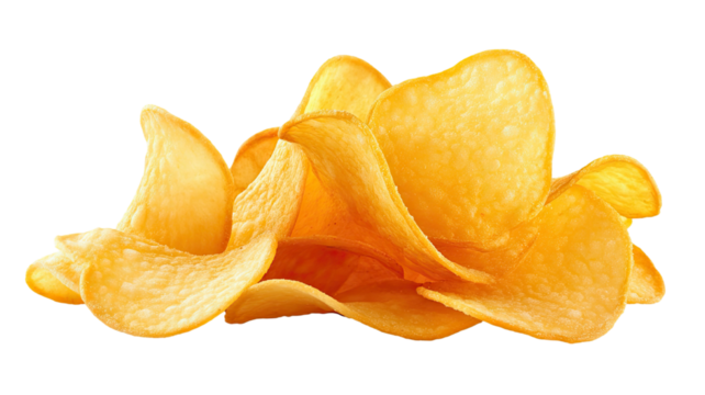 Crispy potato chips with golden texture and crunchy snack flavor showing delicious salty food detail isolated on white background