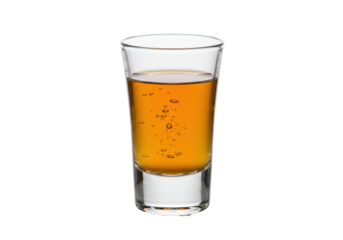 Clear shot glass filled with rich amber spirit, subtle bubbles, on transparent background with copy space, soft studio lighting, concept for premium beverage advertising