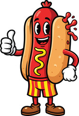Happy cartoon hot dog character giving thumbs up, funny sausage mascot with mustard ketchup, cheerful fast food illustration vector design