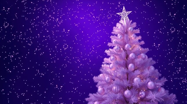 Beautiful purple Christmas tree adorned with ornaments and a star during a festive holiday season at night