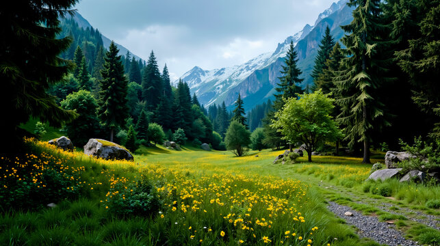 A picturesque mountain valley with a winding path lush greenery and a carpet of yellow flowers