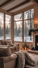 Cozy winter living room with a snowy forest view at dusk