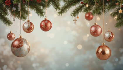 3D render of Christmas ornaments hanging over soft gradient background, elegant composition