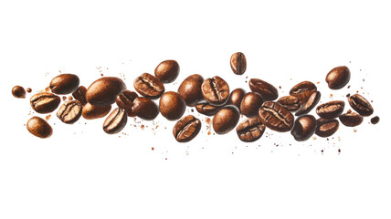 Floating roasted coffee beans with rich brown texture and aromatic flavor showing natural caffeine ingredient detail isolated on white background