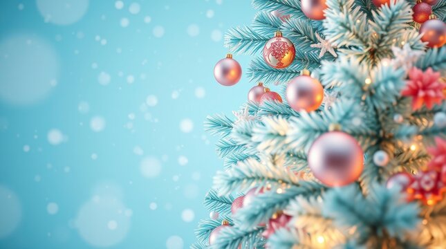 Colorful Christmas tree adorned with ornaments and lights against a soft blue background during the festive season