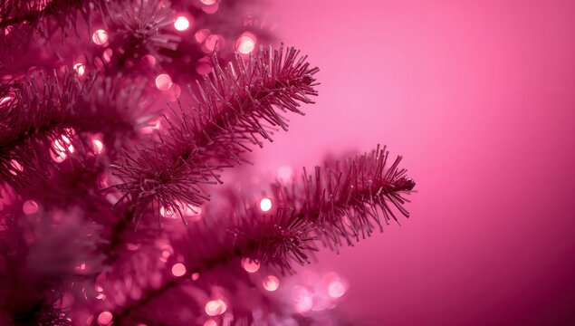 Pink Christmas tree branches adorned with lights creating a festive atmosphere in a cozy room during the holiday season