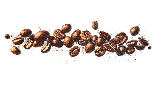 Floating roasted coffee beans with rich brown texture and aromatic flavor showing natural caffeine ingredient detail isolated on white background