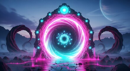 Vibrant glowing energy portal in surreal alien landscape with planet in sky illustration