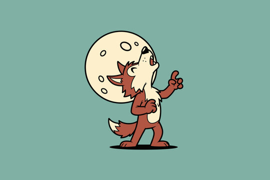 Charming cartoon wolf howling at the full moon with expressive g