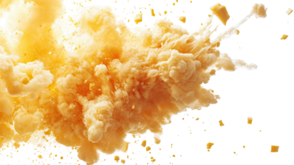 Exploding real cheese with melting texture and scattered pieces showing rich dairy food detail and savory flavor isolated on white background