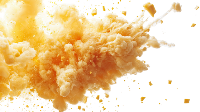 Exploding real cheese with melting texture and scattered pieces showing rich dairy food detail and savory flavor isolated on white background