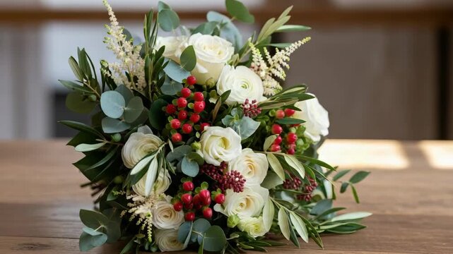 A wedding bouquet with white roses and red berries on a wooden table. Close-up of a bridal floral arrangement for a special celebration