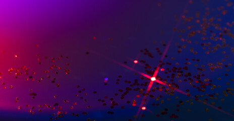 Scattered red glitter particles shimmer on a rich purple background, creating a festive and glamorous vibe. Festive concept for entertainment or celebration.
