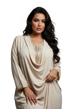 Portrait of a beautiful plus-size woman with long dark hair wearing an elegant beige traditional caftan with gold embroidery, posing confidently on a black studio background