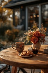 Cozy outdoor setting with coffee, cookies, and floral arrangement in autumn