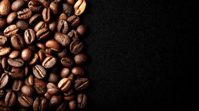 Rich brown coffee beans scattered on deep black textured surface. Overhead view highlights contrast between beans and background, evoking warmth and aroma. Neural network AI generated