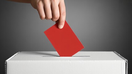close-up of hand inserting red card into box, person voting with red card democracy concept, hand casting ballot on white box scene