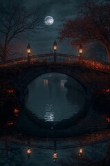 Moonlit bridge over calm waters in a serene nighttime setting