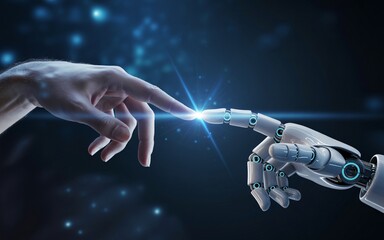 futuristic robot hands touching technology concept, digital artificial intelligence innovation, machine communication connection design
