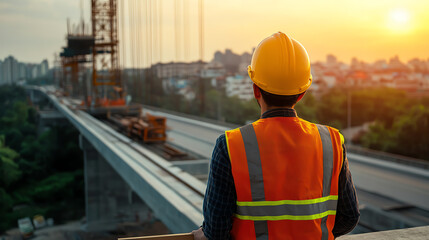 Fototapeta premium Civil engineer observing bridge construction, largescale infrastructure supervision theme