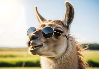 Obraz premium Portrait of a cool llama wearing round sunglasses in a sunny field.