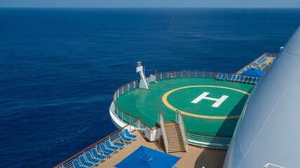 cruise ship with helipad aerial view ocean travel, luxury sea journey blue water photography, vacation and transportation concept
