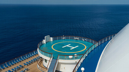 high angle view of cruise ship helipad ocean, luxury travel vessel floating blue sea, tourism and adventure vacation photography

