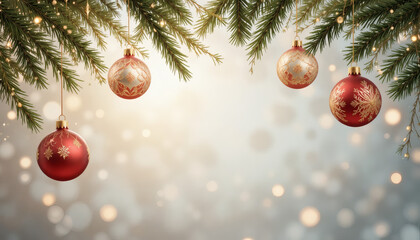 3D render of Christmas ornaments hanging over soft gradient background, elegant composition