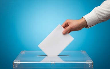 hand casting white paper into box blue background, high key concept of voting and democracy, civic participation idea photography
