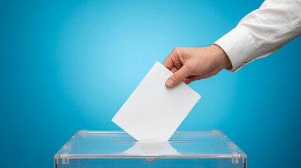 person hand voting white card on blue background, democracy and freedom concept photography, civic participation and election