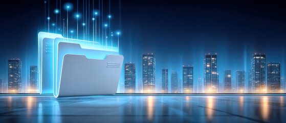 Digital folder with glowing data security lines over futuristic city skyline creating confident technology atmosphere