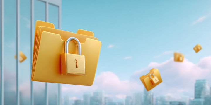 Secure yellow folder with padlock floating over city skyline suggesting data security and cloud protection - Powered by Adobe
