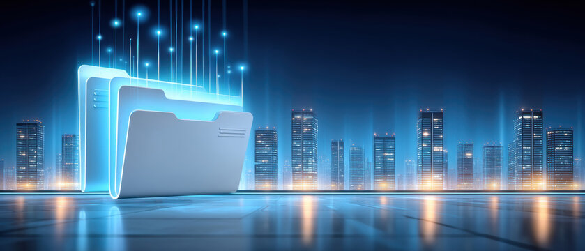 Digital folder with glowing data security lines over futuristic city skyline creating confident technology atmosphere - Powered by Adobe