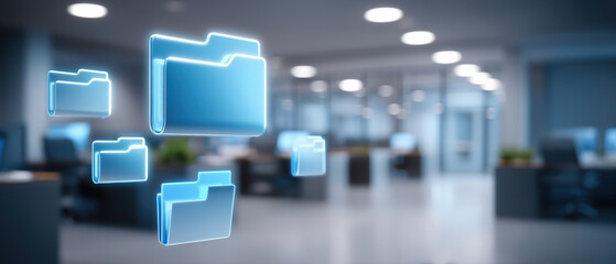 Digital folder icons float office to illustrate data security and organized cloud storage protecting business information with modern technology
