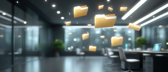 Cloud office with floating golden file folder icons representing data security and digital document sharing in modern workspace