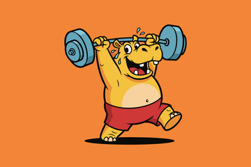 A cheerful cartoon hippo joyfully lifts a heavy barbell demonstr