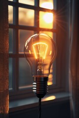 Warm light bulb shining beside a window during sunset