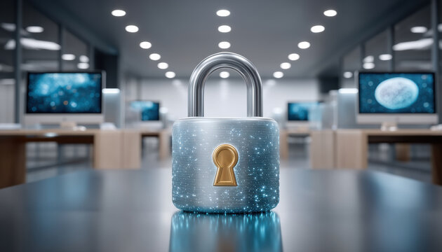 Data security padlock on office desk glowing blue with network lights symbolizing digital protection and privacy