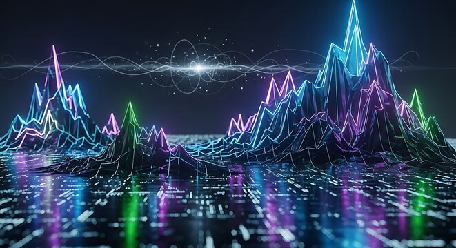 Abstract digital landscape of glowing neon data peaks with vibrant light waves illustration - Powered by Adobe