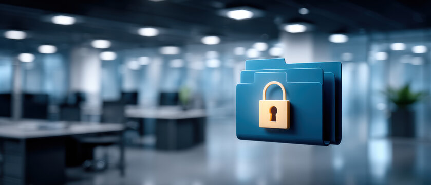 Secure folder lock icon floating in modern office evoking data security and privacy protection with blue tones and soft bokeh lighting