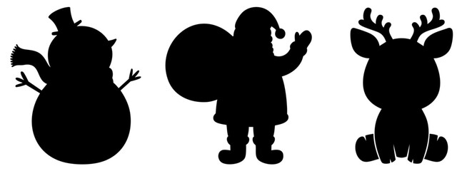 Christmas silhouette set with Santa Claus, reindeer and snowman