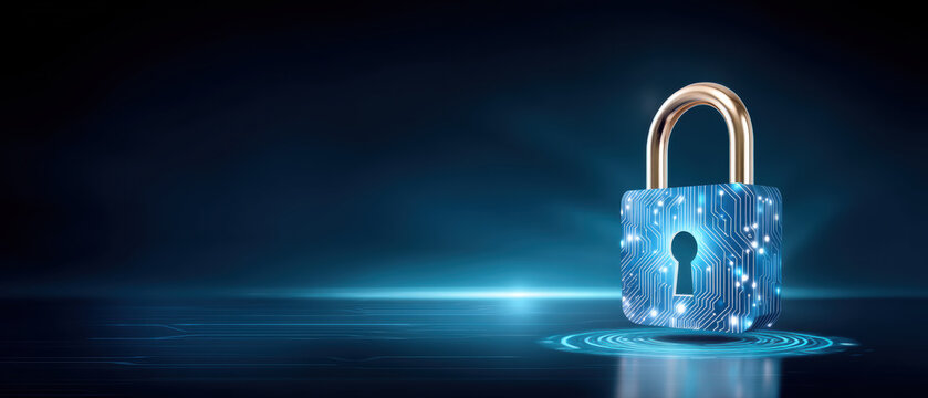 Secure digital padlock glowing circuit board surface symbolizing data security and encryption protecting information with futuristic blue light